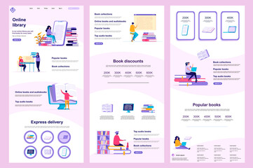 Online library flat landing page. E-book reading service, online study corporate website design. Web banner template with header, middle content, footer. Vector illustration with people characters.