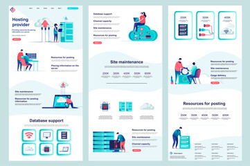 Hosting provider flat landing page. Database support, cloud data center corporate website design. Web banner template with header, middle content, footer. Vector illustration with people characters.