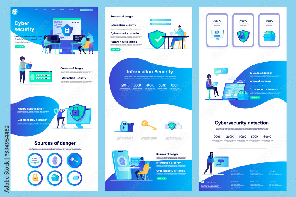 Poster cyber security flat landing page. information security, data protection software corporate website d