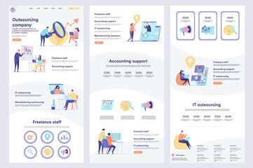 Naklejka na ściany i meble Outsourcing company flat landing page. IT outsourcing, freelancers recruitment corporate website design. Web banner with header, middle content, footer. Vector illustration with people characters.
