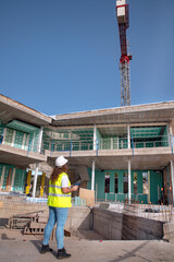 Young female architect wearing a safety jacket and a white hard hat while holding an electronic device and looking towards a construction site with an unfinished building and a crane in the background