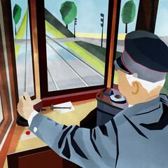 Ilustracja sylwetka tramwajarz kolejarz prowadzący pojazd szynowy po torach