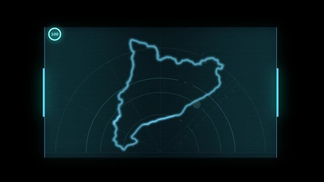Futuristic,science fiction, graphic user interface, HUD, with interactive display and digital elements with catalonia map