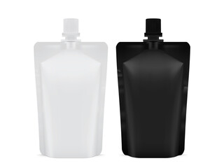 white and black blank plastic packaging doy pack isolated on white background mock up vector