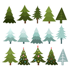 Collection of Christmas trees isolated on white background, vector