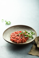 Traditional homemade steak tartare with capers