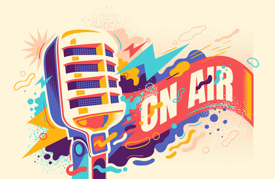 Abstract colorful background with retro microphone. Vector illustration.