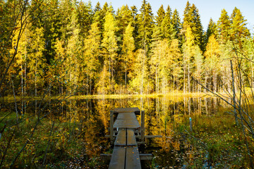 Beautiful autumn landscape on lake Haransilma in Lahti, Finland