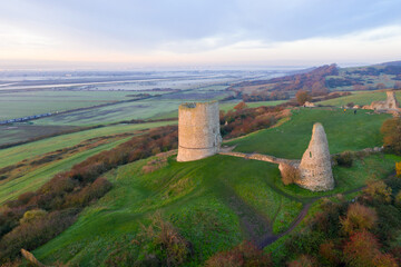 Fototapeta na wymiar Ruins aerial view of Hadleigh castle at sunrise in Benfleet Essex, UK country side 