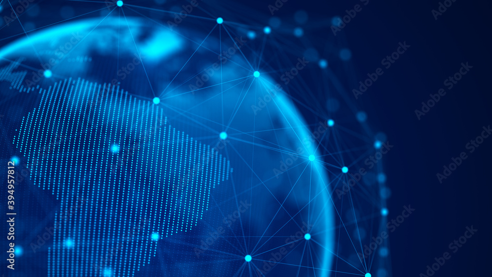 Poster global network connection. blue futuristic world map. concept of planet earth. 3d rendering.