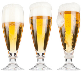 Large lager beer fill up sequence in a row, isolated on white.
