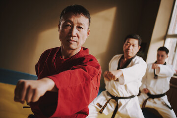 Sensei and two martial arts students doing fight.