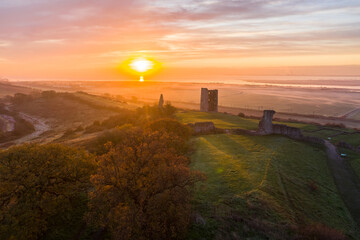 Ruins aerial view of Hadleigh castle at sunrise in Benfleet Essex, UK country side  