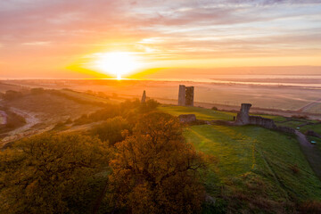 Ruins aerial view of Hadleigh castle at sunrise in Benfleet Essex, UK country side  