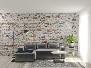 3d rendering of contemporary interior with old brick wall and grey sofa