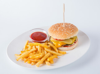 Delicious burger with french fries.
