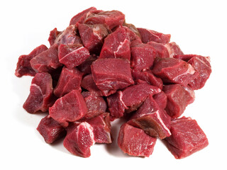 Raw Wild Boar Ragout - Wild Game Meat on white Background Isolated
