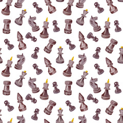 Hand drawn watercolor seamless pattern of chess, isolated on white background. Can be used for business cards, invitations, textile design, patterns, table napkins etc.