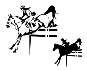 beautiful woman riding horse during show jumping competition - equestrian sport black and white vector outline and silhouette