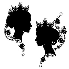 medieval fairy tale queen or princess with rose flowers and butterfly black and white vector silhouette portrait © Cattallina