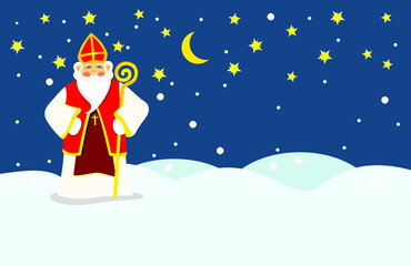 Saint Nicholas / Nicholas the Wonderworker against the background of the winter night sky, winter scene. Banner. The nature of Christianity in the Orthodox, Catholic, Anglican, Lutheran and ancient Ea