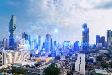 World planet Earth map hologram over panorama city view of Bangkok, Asia. The concept of international connections and business. Multi Exposure.