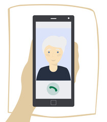 Call parents and grandparents. Hand holding phone. Elder woman on phone screen. Isolated vector illustration. Call mom concept