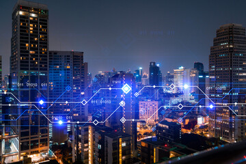 Fototapeta na wymiar Information flow hologram, night panorama city view of Bangkok. The largest technological center in Asia. The concept of programming science. Double exposure.