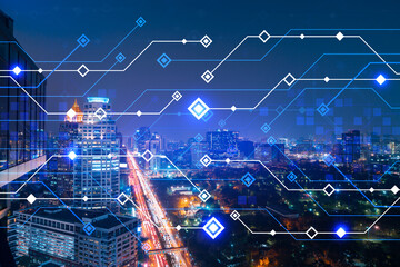 Information flow hologram, night panorama city view of Bangkok. The largest technological center in Asia. The concept of programming science. Double exposure.