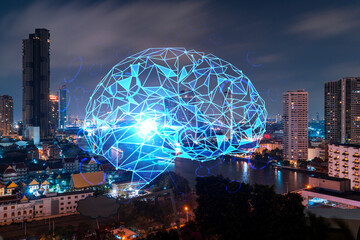 Human brain hologram, aerial panoramic city view of Bangkok at night. Educational cluster in Asia. The concept of artificial intelligence. Double exposure.