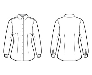 Shirt fitted technical fashion illustration with long sleeves with cuff, slim fit, darts, button-down, regular collar. Flat template front, back white color. Women men unisex top mockup