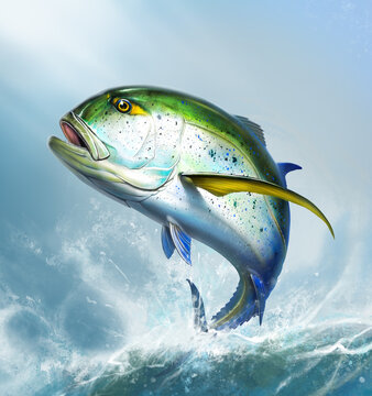 
Bluefin Trevally (Caranx melampygus) fish illustration realistic art background of sea waves caranx art. Sea Fishing at Crevalle Jack.