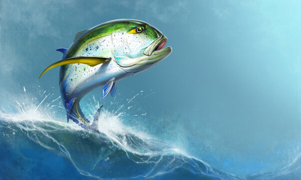 Bluefin Trevally (Caranx melampygus) fish illustration realistic art background of sea waves caranx art. Sea Fishing at Crevalle Jack.
