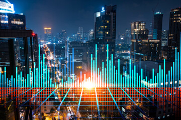 FOREX graph hologram, aerial night panoramic cityscape of Bangkok, the developed location for stock market researchers in Asia. The concept of fundamental analysis. Double exposure.