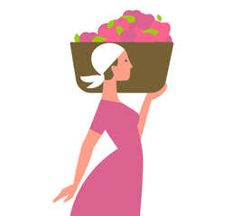 Wearing red dress woman carrying a basket full of the apples. Vector illustration
