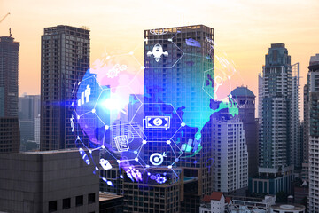 Hologram of Research and Development glowing icons. Sunset panoramic city view of Bangkok. Concept of innovative technologies to create new services and products in Asia. Double exposure.