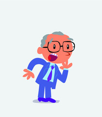Unpleasantly surprised cartoon character of businessman looks to the side