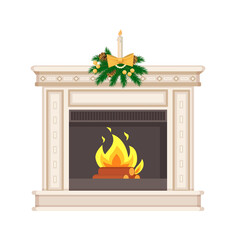 Fireplace in classic style decorated for winter holiday vector. Christmas celebration, aroma candle standing on shelf, burning wood logs wooden material