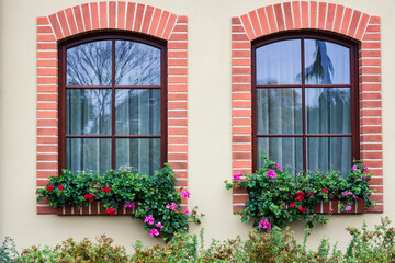 Fototapeta na wymiar two Windows, with potted flowers on the sill.