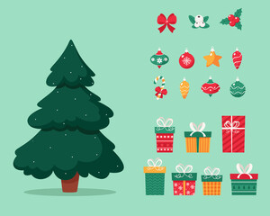 Christmas tree with presents and toys. Vector illustration