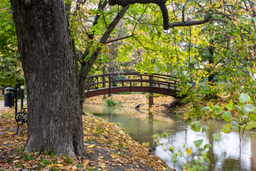 Autumn, Park, river and wooden bridge.
