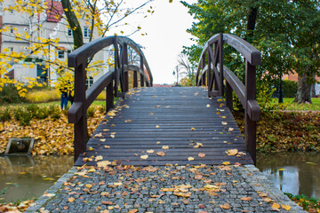 Autumn, Park, river and wooden bridge.