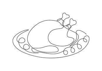 One continuous line drawing of roasted turkey for restaurant menu. Traditional food for festive season, holiday celebration concept, roasted chicken for cafe logo. Modern vector illustration