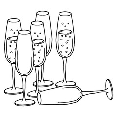 Glass of champagne. Vector illustration of glasses with champagne for Christmas. Hand drawn.