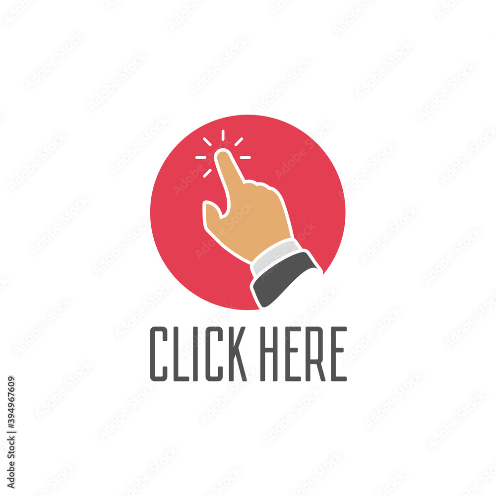 Aufkleber click here button with hand pointer clicking. click web sign cursor symbol. illustration in flat sty
