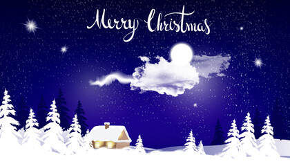 Naklejka premium Merry Christmas night landscape. vector holiday background. Greeting design. Hand letterind for card, banner, poster.