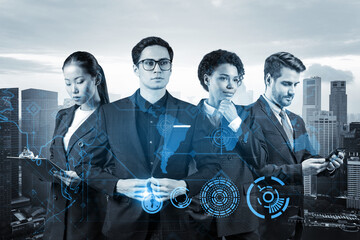Group of business colleagues as a part of multinational corporate team working on project to...