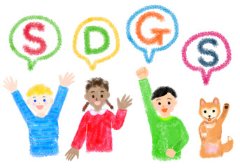 SDGsの吹き出しと子供のクレヨン手描きイラスト(17色の指定色スウォッチ付）