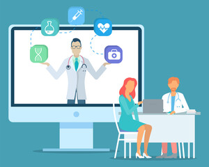 Doctor holding web icons at screen of computer. Medicine icons for website dna, flask, syringe, heart, cardiogram, first aid. Patient woman sitting with doctor, physician, therapist, table with laptop