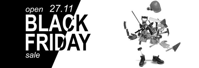 Black Friday in tool shop. Many tolls on black and white background text black friday